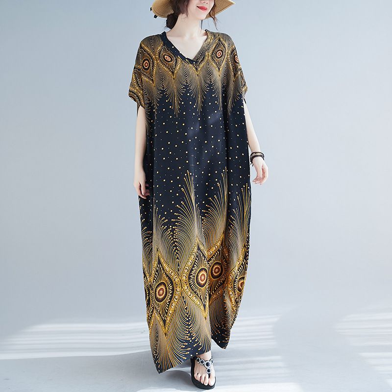 In Stock New Cross-Border Bohemian Middle Eastern Robe 100kg Plus Loose Large Size Women's Dress_ecoleips.com