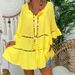 Women's Three Quarter Sleeve Cotton Linen Blend V Neck Loose Fit Button Detail Hollow Top Large Size Dress_ecoleips.com