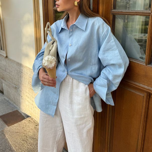 Voya Women's European And American Casual Vacation Solid Color Long Sleeve Blouse Women's Spring And Summer Clothing_ecoleips.com