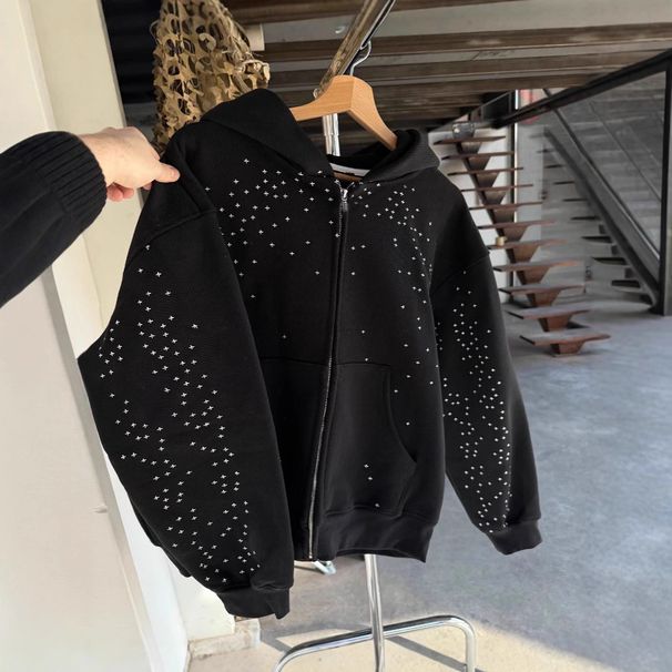Unisex Gothic Star Hoodie with Diamond Zipper Design High Street Trend Loose Fit European And American Style Cross Border Fashion Sweatshirt_ecoleips.com
