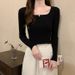 girl Square Slim Fit Long Sleeve Base Shirt 2025 Autumn New Korean Style Low Neck Inner Sweater Women Knitted Student Top_ecoleips.com
