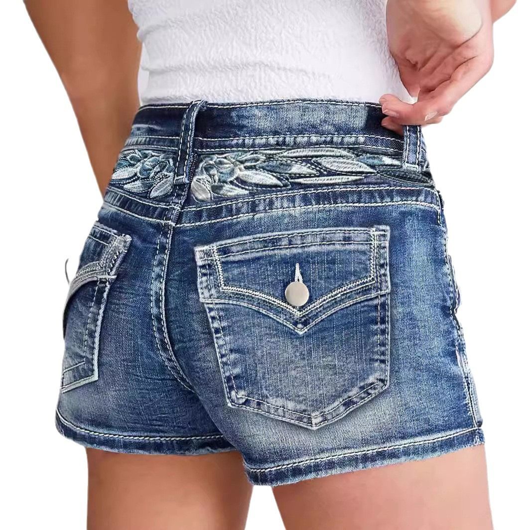 Women's Cross Border New Denim Shorts Slim Embroidery Fashion Denim Hot Pants All Match Style_ecoleips.com