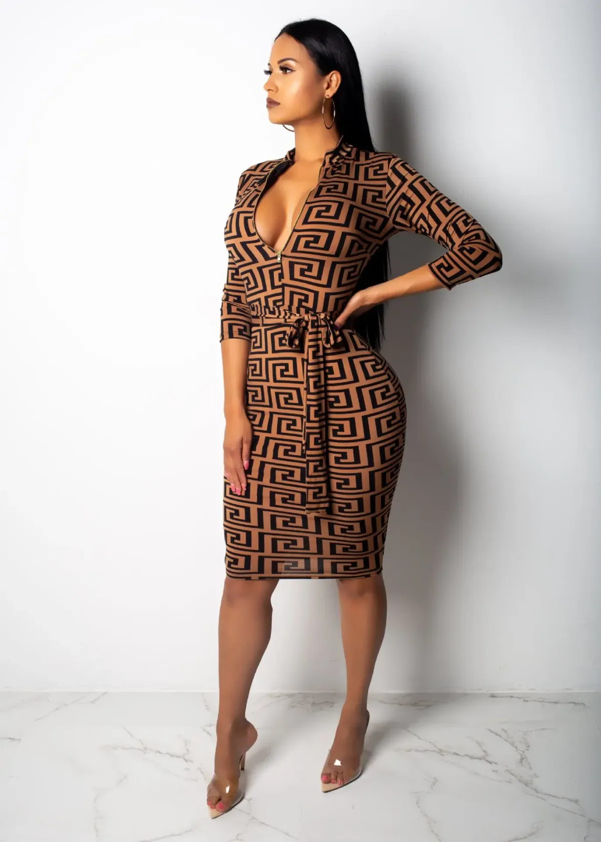 Women Fall Summer Elegant Print Slim High Waist Dress Office Lady Long Sleeve Midi Plaid V Neck Party_ecoleips.com