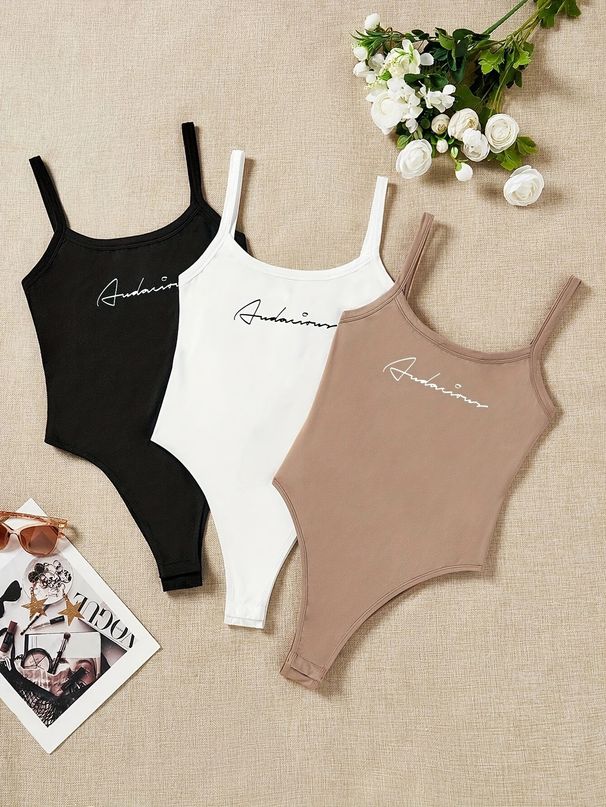 Women's Clothing Hot Girl Style Ins Slim Solid Color Round Neck Printed Vest Suspenders 3 Piece Tight Jumpsuit_ecoleips.com