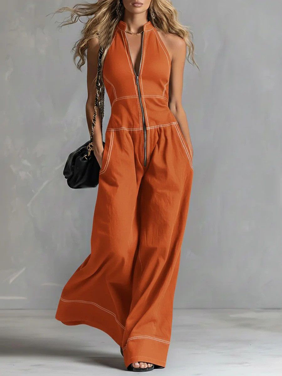 Women's Clothing Sleeveless Jumpsuit, Stand Collar Wide Leg Romper For Casual And Office Wear_ecoleips.com