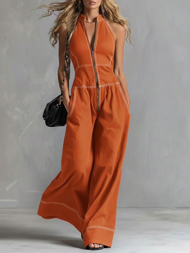 Women's Clothing Sleeveless Jumpsuit, Stand Collar Wide Leg Romper For Casual And Office Wear_ecoleips.com