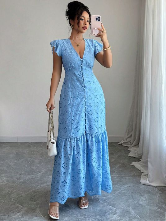 Voya Recommend! Women's Elegant And Simple Women's Embroidered Dress With Eyelets, Summer Short Sleeved Long Skirt_ecoleips.com