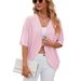 Women's Lightweight Oversized Knit Cardigan Mid-Sleeve Cover-Up Breathable Polyester Blend Barbie Pink Navy Black Mint Green_ecoleips.com