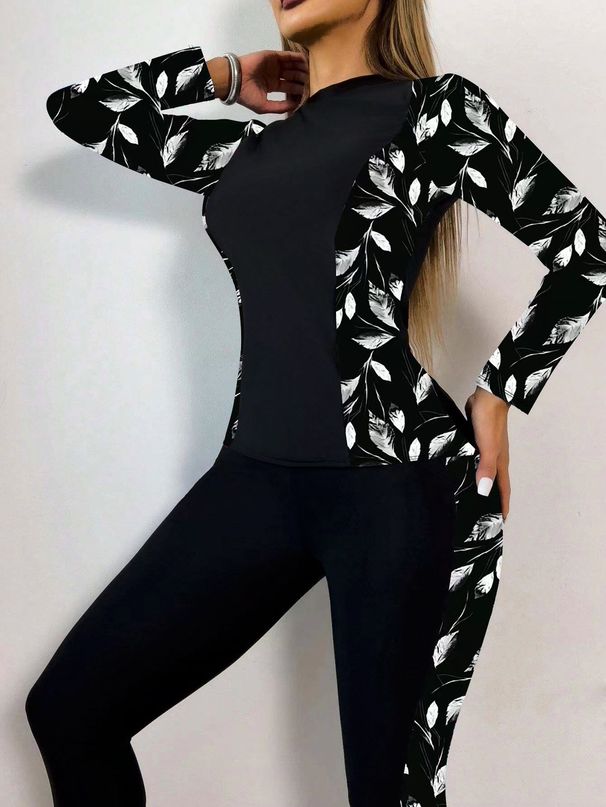 Women's Clothing New Split Long Sleeved Swimsuit Female Sexy Slim Printed Trousers Sports Suit_ecoleips.com