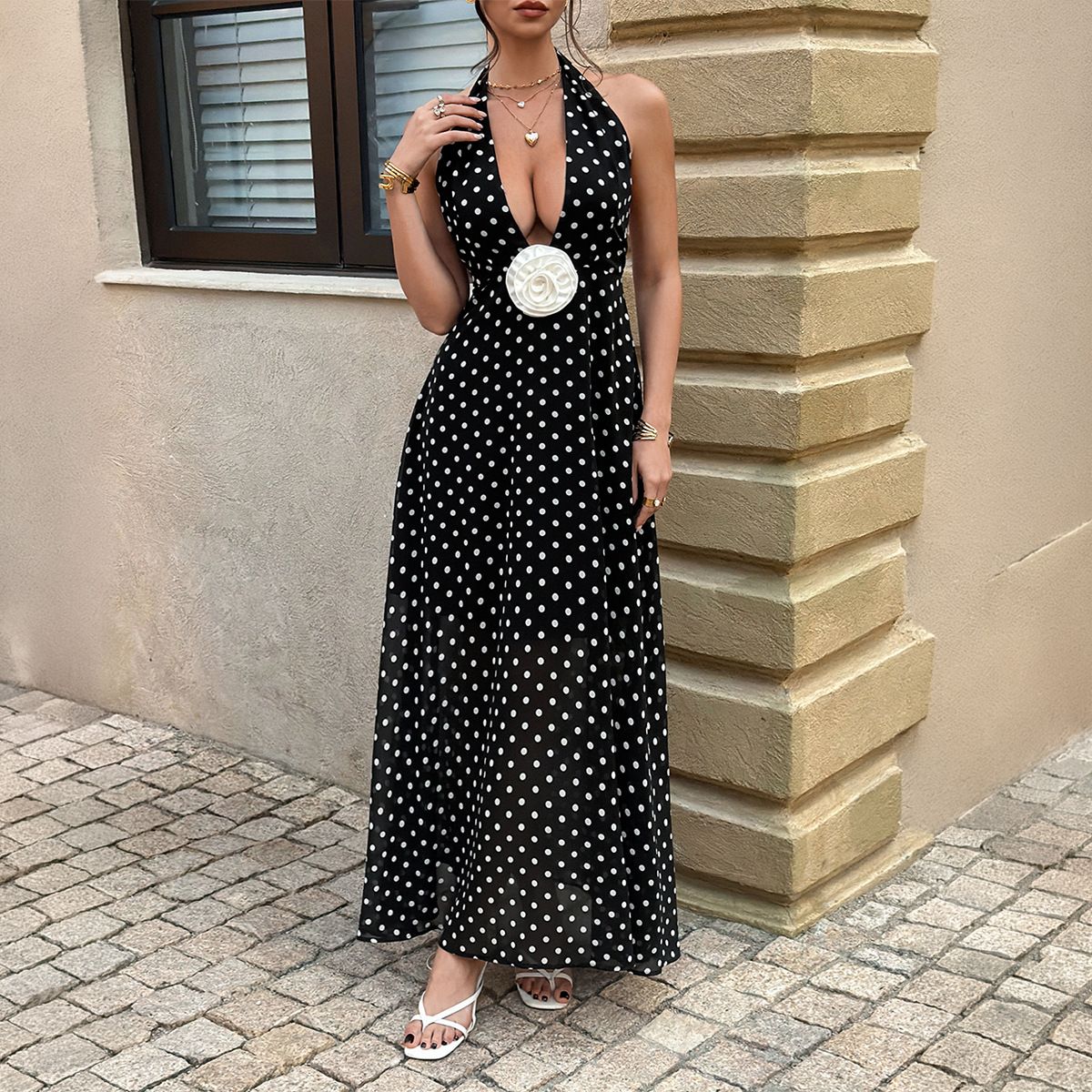 Women's Clothing French Retro Style Halter Neck Deep V Waist Dress Spring Summer_ecoleips.com