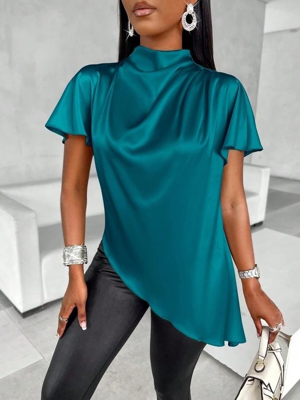 Women's Clothing Satin Shirt Asymmetrical Hem Blouse Spring Summer For Formal & Casual For Women Top Spring Summer_ecoleips.com