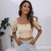 Voya Women's Spring/Summer New Style Square Collar Lantern Sleeve Solid Color Bareback Strap T-shirt Casual Short Top For Women_ecoleips.com