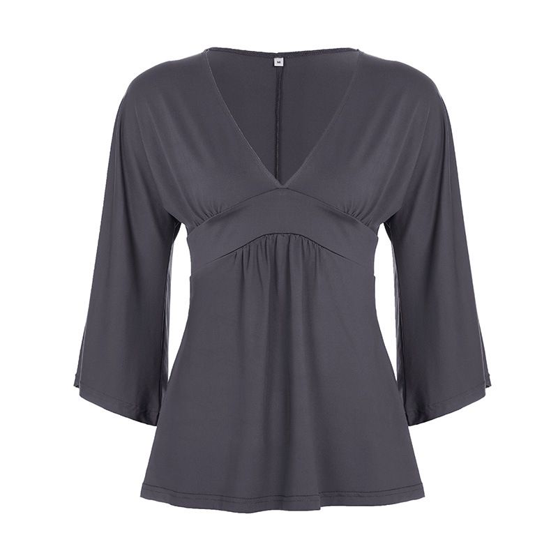 European And American Sexy V-neck Solid Color Drapey Mid-sleeve T-shirt For Women With Bell Sleeves, Elegant_ecoleips.com