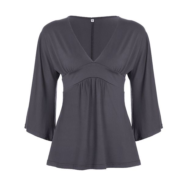 European And American Sexy V-neck Solid Color Drapey Mid-sleeve T-shirt For Women With Bell Sleeves, Elegant_ecoleips.com