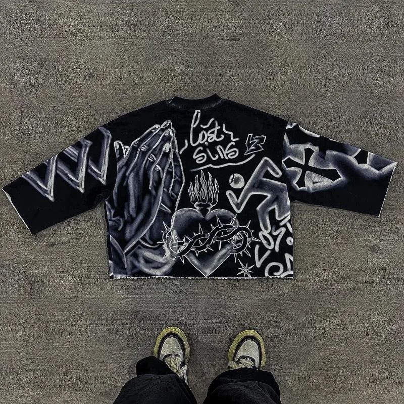 Men's Women's Y2K Dark Retro Harajuku Street Style Loose Fit 3D Printed Pullover T-Shirt New American Style Top_ecoleips.com