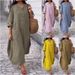 Women's Clothing Solid Color Round Neck Cotton And Linen Long Sleeves Casual Double Side Pocket Button Long Dress_ecoleips.com