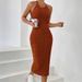Women's Clothing Round Neck Solid Color Dress All Match No Fork Belt Knitted Sweater Backless Dress_ecoleips.com