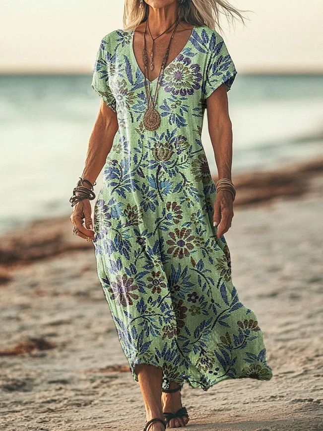 Creative Floral Women's Summer V-Neck Short Sleeve Mid-Length Dress_ecoleips.com