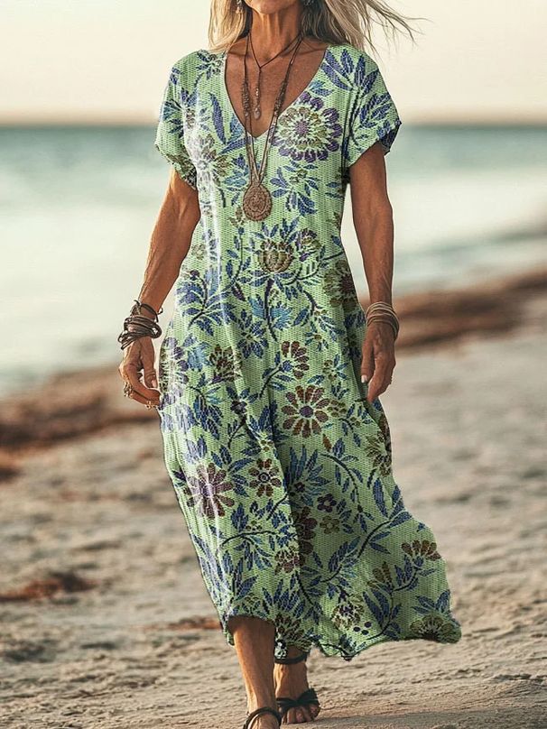 Creative Floral Women's Summer V-Neck Short Sleeve Mid-Length Dress_ecoleips.com