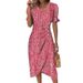 Geometric Print Puff Sleeve Asymmetrical Hem V-Neck Flowy Casual Midi Dress For Women Comfortable Loose Fit_ecoleips.com