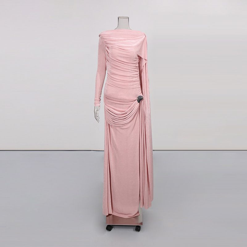 Women's Pleated Asymmetrical Slim Fit Floor Length Dress with Flowing Ribbons Southeast Asia Spring New 2026 Gown_ecoleips.com