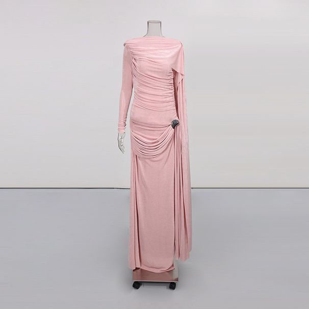 Women's Pleated Asymmetrical Slim Fit Floor Length Dress with Flowing Ribbons Southeast Asia Spring New 2026 Gown_ecoleips.com