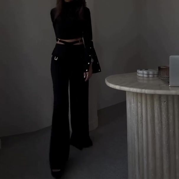 Women's clothing border high collar solid color navel exposed sweet and spicy loose wide leg suit for women_ecoleips.com
