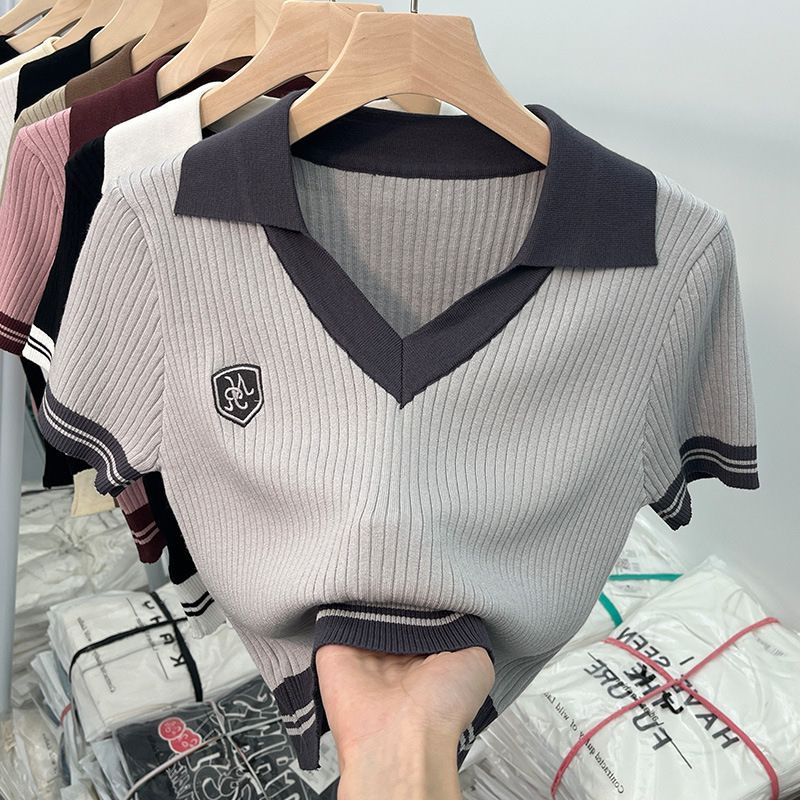 Unique Hong Kong Style Sweet Hot Girl Short Collar Sweater Top for Women Summer Niche Short Sleeved Shirt Female Fashion_ecoleips.com