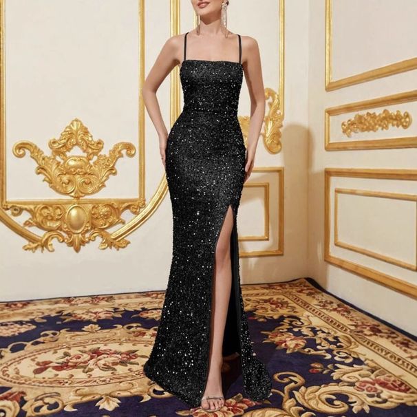Women's High Waist Sequin Halter Split Maxi Dress – Adjustable Spaghetti Strap Bridesmaid Evening Gown 2026_ecoleips.com