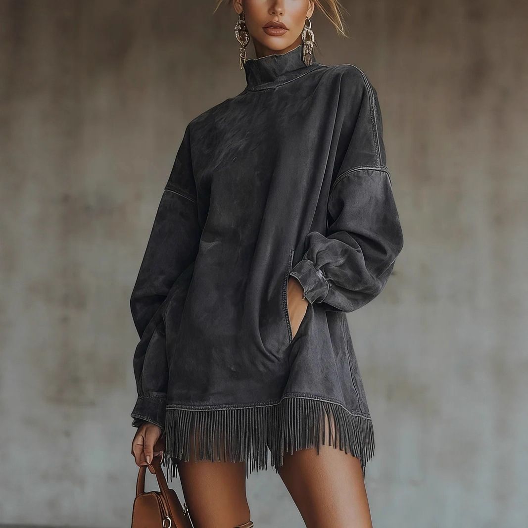 Retro Suede Fringe Dress – High Neck Boho Tunic With Oversized Pockets (Army Green, Gray, Pink, Brown, Xs-Xxxl)_ecoleips.com