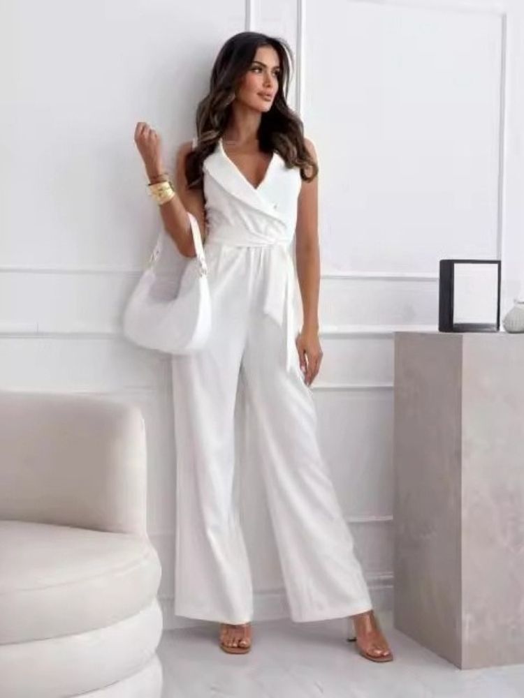 K Women's New High Waisted Commuting Zip Tie Jumpsuit Pants_ecoleips.com