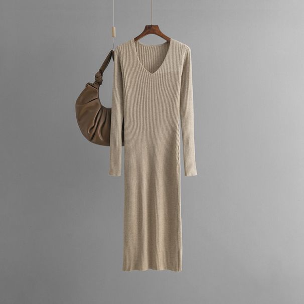 Autumn Winter V-neck Knitted For Women, Straight Slim Fit Long Sleeve Ribbed Split Hem Over-the-knee Sweater Dress_ecoleips.com