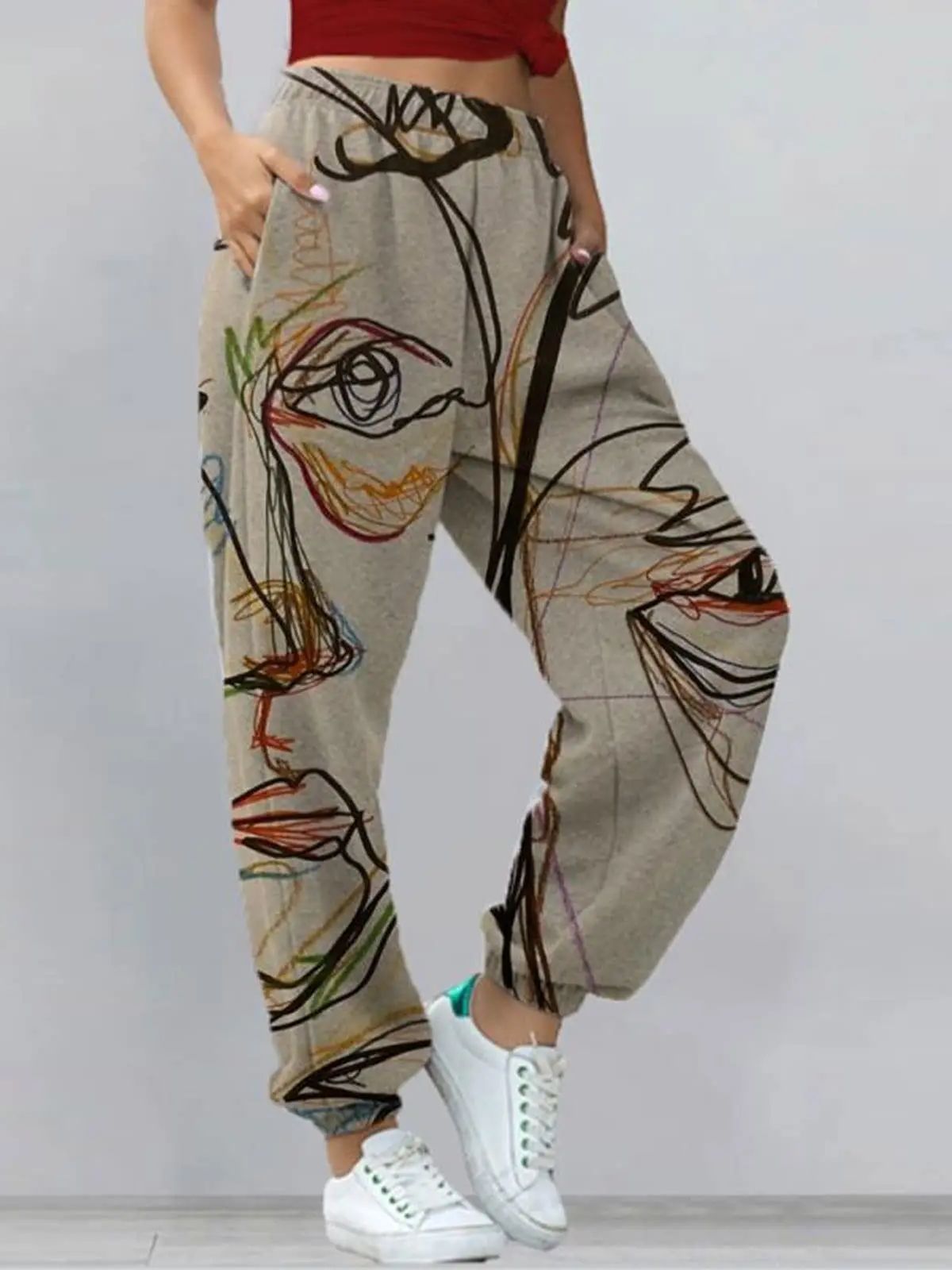 Streetwear Graphic Joggers For Women Casual Abstract Face Print Sweatpants High Waist Loose Track Pants With Pockets Comfy_ecoleips.com