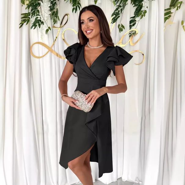 Women's Clothing V Neck Sexy Wood Ear Short Sleeved Tight Dress_ecoleips.com