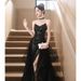 Women's Clothing Black Sequined Halter Evening Gown Party Dress Art Exam Performance Spring_ecoleips.com