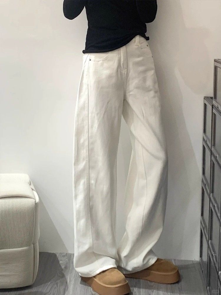 Retro American Brown Curved Jeans plus Size Women Straight Leg Slimming Wide Leg Pants for Pear Shaped Figures Autumn Style_ecoleips.com