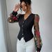 Elegant Rose Lace Sleeve Blazer For Women, V-Neck Long Sleeve Floral Print Mid-Length Office Blazer, Chic Trench Coat For Business Wear_ecoleips.com