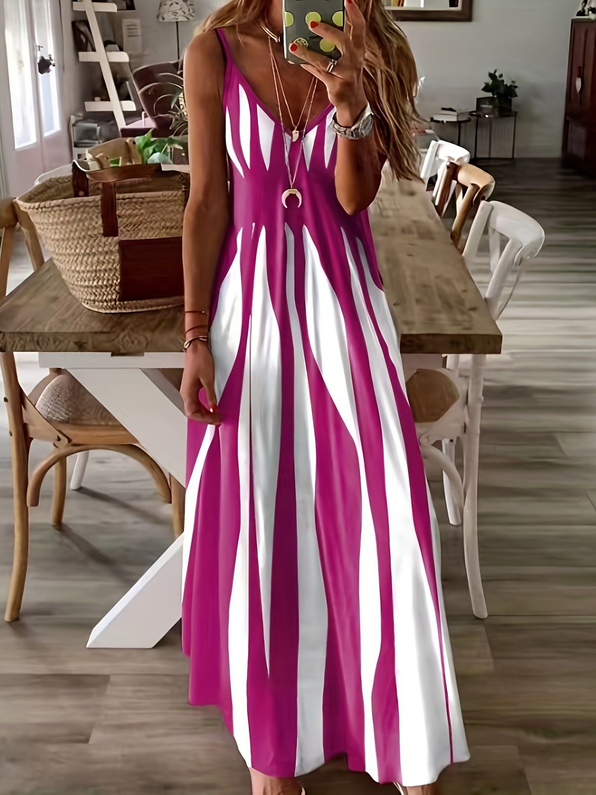 Summer Casual Printed Long Dress V Neck Sleeveless Women's Clothing European American Style Bestseller 2025_ecoleips.com