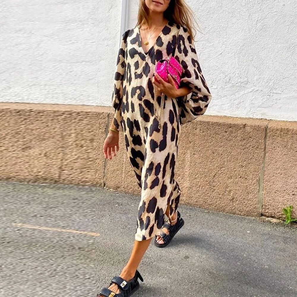 Women's Clothing V Neck Loose Lantern Sleeve Leopard Print Dress_ecoleips.com