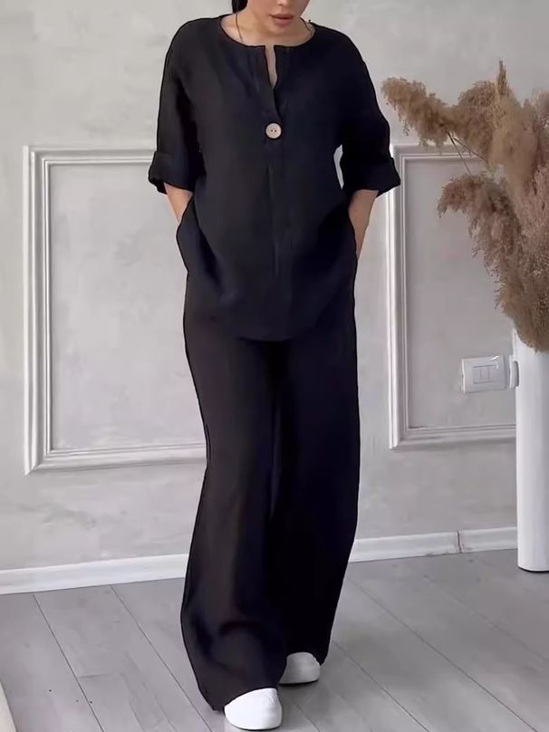 Women's Solid Color Cotton-Linen Blend Casual Pants Suit - Comfortable Spring/Autumn Summer Winter Wear_ecoleips.com
