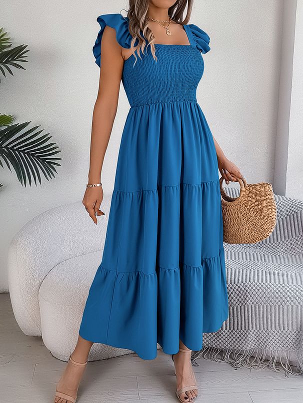 Women's Clothing Solid Color Square Collar Ruffled Waist A Line Long Skirt_ecoleips.com