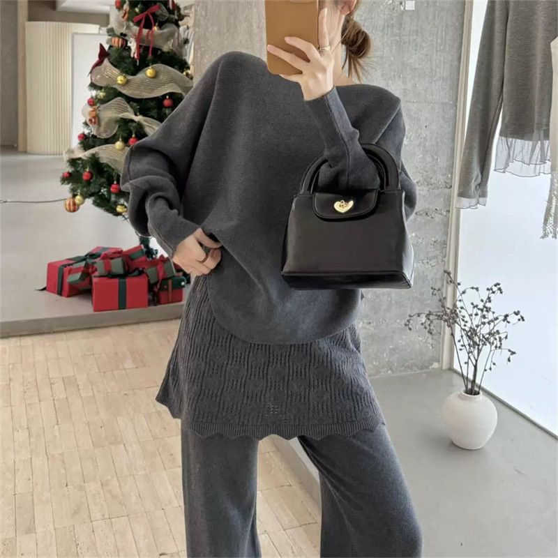 Korean Style Slimming Women's Knit Two Piece Set High Waisted Casual Patchwork Skirt Fashionable Versatile Clothing_ecoleips.com
