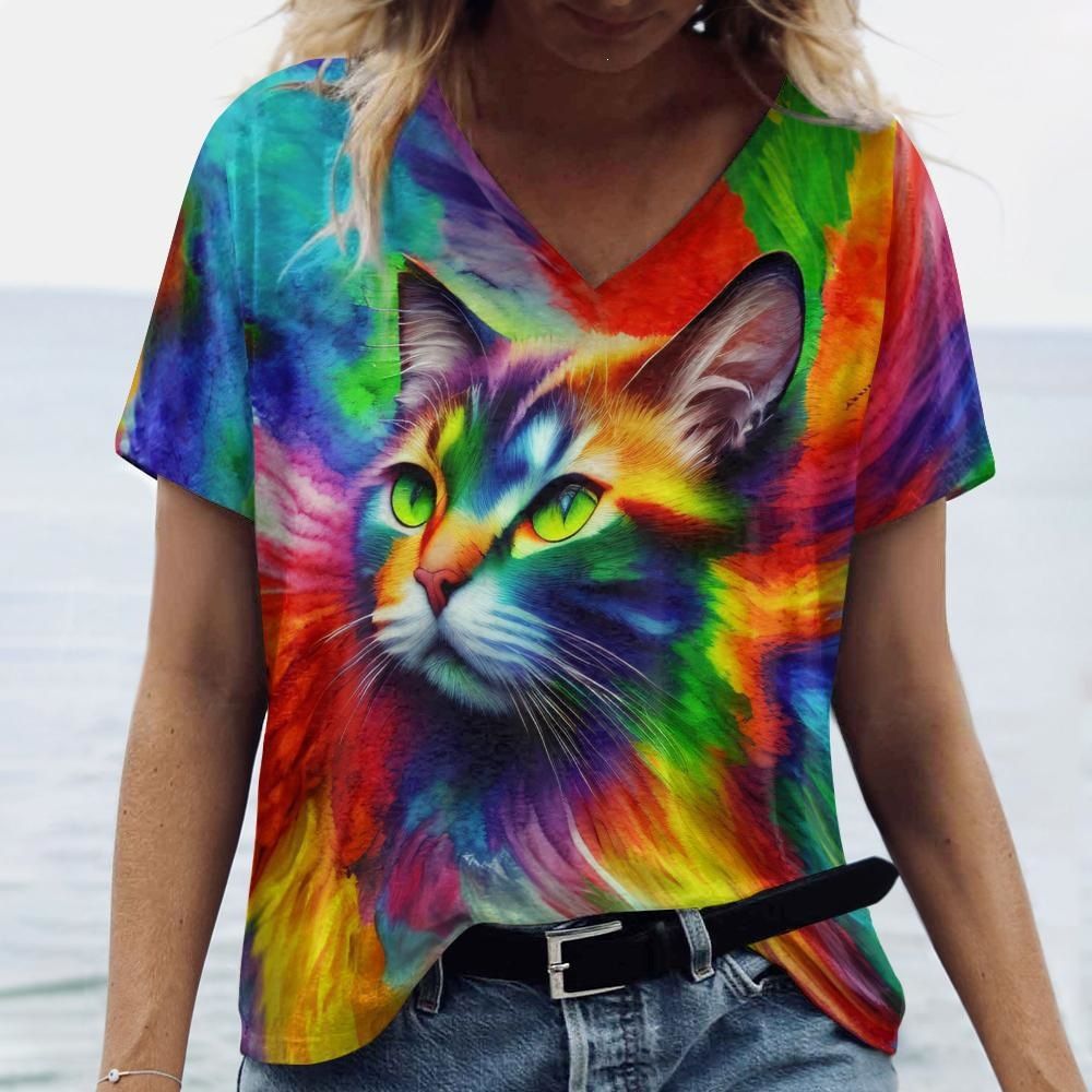 Women's Casual T-Shirt Short Sleeved V Neck Oversized Loose Fitting Top 3D Print Animal And Bird Design_ecoleips.com