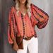 2025 New Spring Summer Autumn V-neck Casual Shirt Printed Lantern Sleeve Top Women's Clothing_ecoleips.com