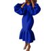 Women's Clothing Large Size Women's Fashion Solid Color V Neck Bubble Long Sleeved Mermaid Skirt Dress_ecoleips.com