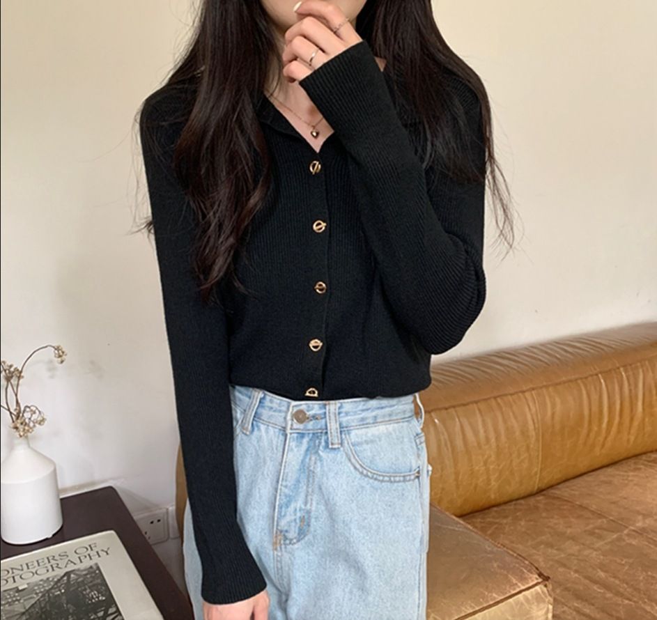 V-Neck Long Sleeve Knit Cardigan Women Elegant Casual Blouse With Contrast Trim, Slim Fit, Cotton Blend (Black/Beige/Khaki/Green/White/Oatmeal)"_ecoleips.com