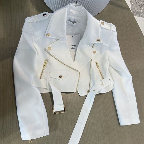 Women’s Clothing Korean fashion hardware zipper short suit collar jacket slim fit long sleeve motorcycle jacket_ecoleips.com