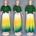 Women's Ruffle V-Neck Top & Gradient Maxi Skirt Set – Stretchy Crinkle Texture (One Size, Green/Yellow/Red/Blue)_ecoleips.com
