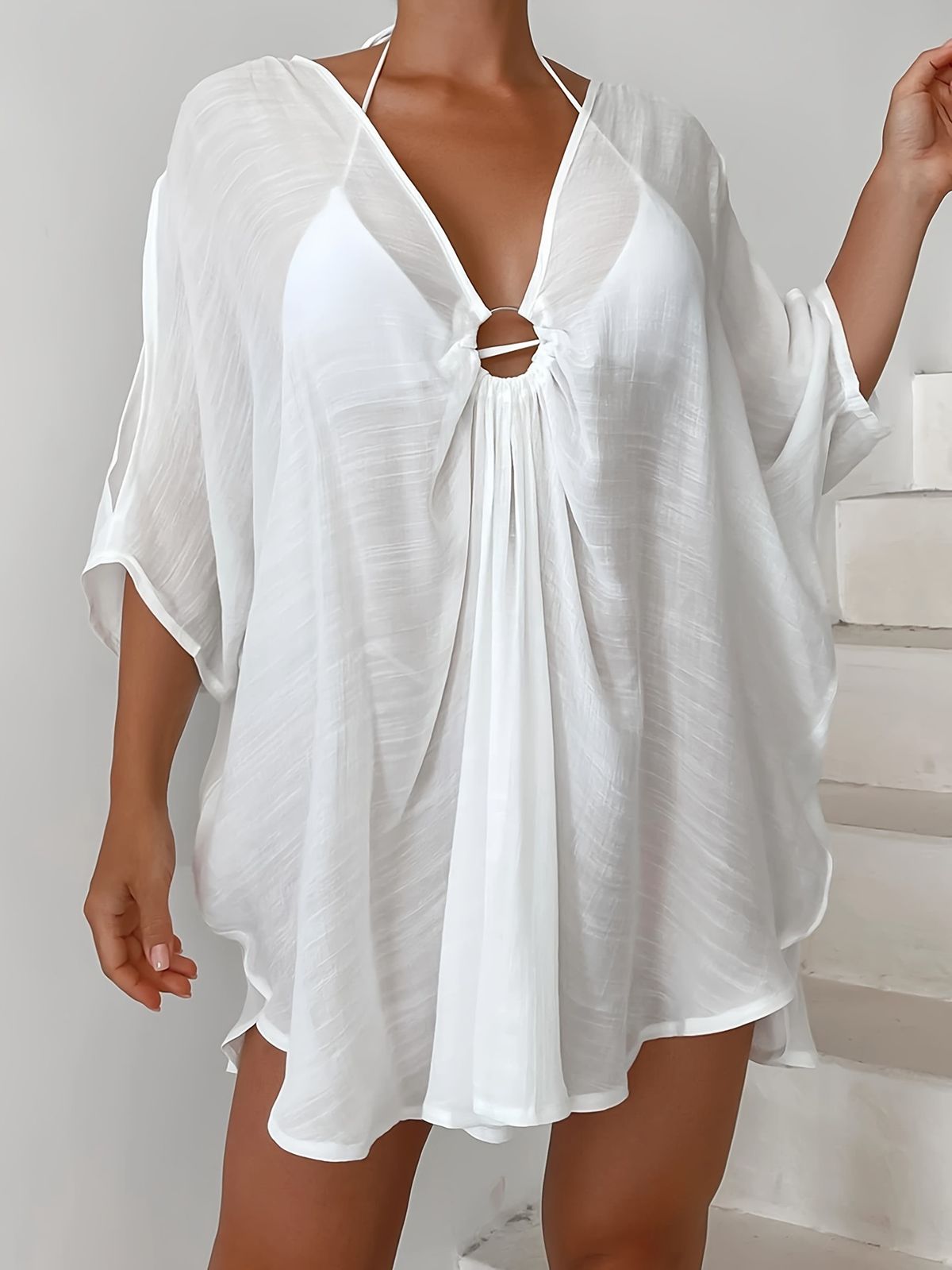 Loose Beach Cover Up V Neck One Size Fits All Irregular Design For Beach Vacations Sun Protection Women's Swimwear_ecoleips.com
