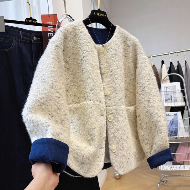Aria Basics High-end New Korean Style Tweed Round Neck Fashion Wool Coat Women, Loose Slimming Top For Autumn And Winter A8110_ecoleips.com